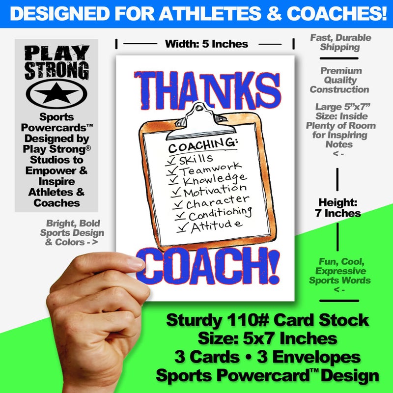 Play Strong 3-Pack â€˜THANKS COACHâ€™ Greeting Cards (5x7) â€“ Clipboard Design â€“ Coach Appreciation Cards with Envelopes â€“ Perfect for Banquets, End of Season Gifts, or Team Parties - Image 2